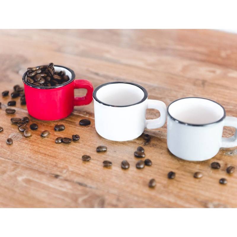 Red porcelain mini mug with black rim without plate 2.02 oz.
