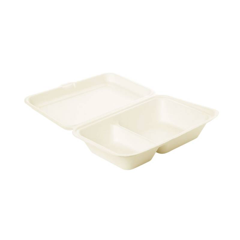 2-compartments bagasse container with lid 9.84x6.30 inch