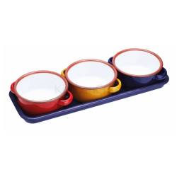 Set of 3 assorted colours enamelled steel mini casseroles with tray 