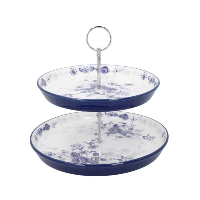 Pastel de rosas azules porcelana blanca y azul 2 pisos pastelero