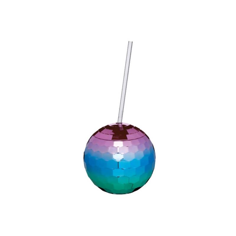 Bicchiere Disco Ball con cannuccia in plastica arcobaleno cl 56