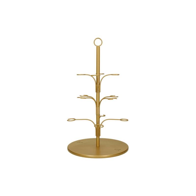Tree stand holds 12 gold metal goblets