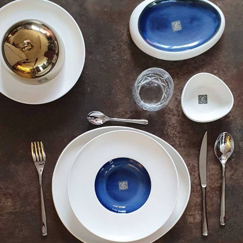 Coppa ovale gourmet Abyssos in porcellana bianca e blu cm 20x15x9