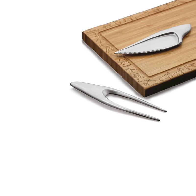 Prehistoric set Silex con tagliere, forchettone e coltello