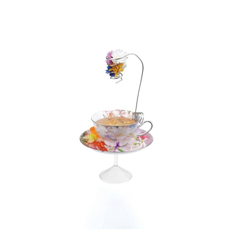 Tazza con piatto-alzata Tea Cup Versailles 100% Chef in porcellana azzurra e rosa decoro floreale cl 20