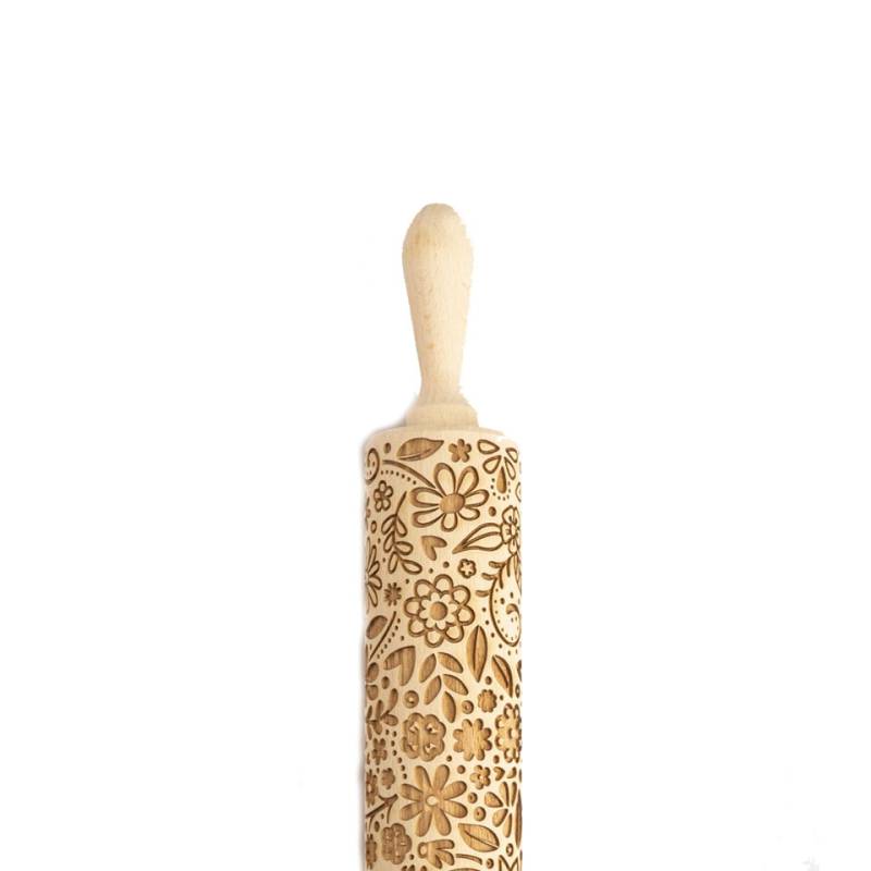 Rolling pin with beechwood swivel handles floral decoration cm 43x6