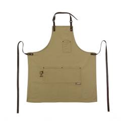 Apron with bib and pocket Airone in beige cotton and leather piping cm 68x78