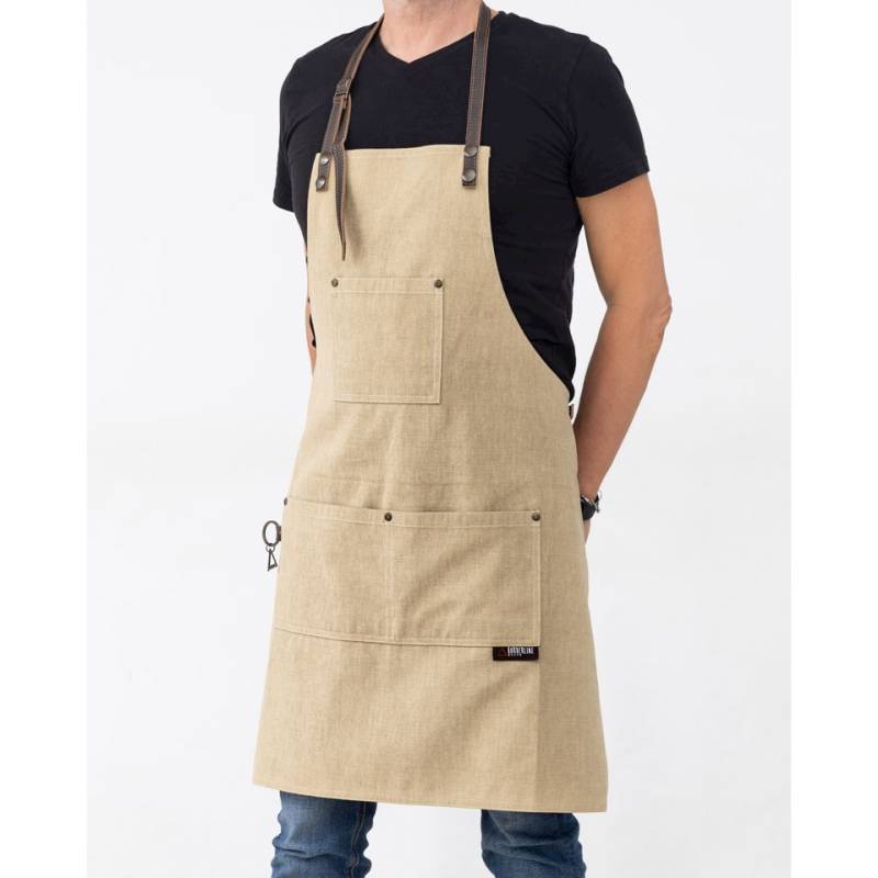 Apron with bib and pocket Airone in beige cotton and leather piping cm 68x78