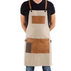 Apron with bib and pocket Ciosso canvas beige with leather trim cm 68x78