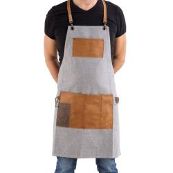 Apron with bib and pocket Ciosso canvas gray with leather piping 68x78 cm