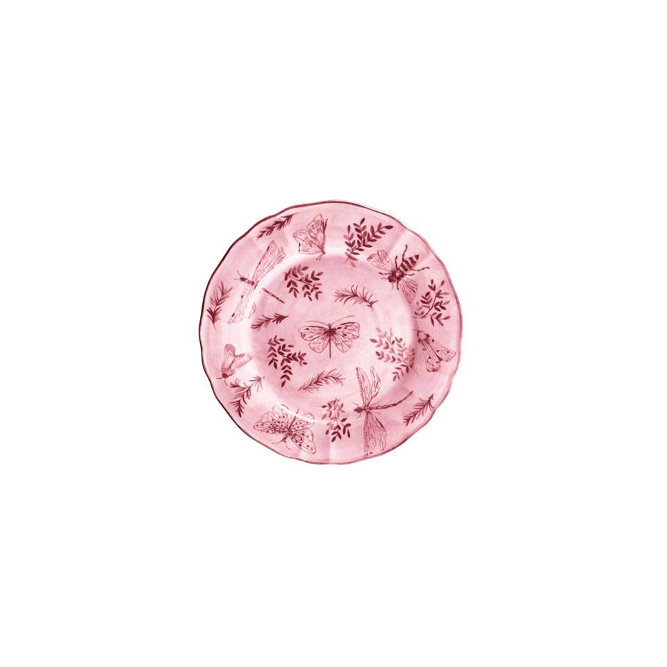Piatto piano Sonia Pink in porcellana bianca e rosa con decoro farfalle cm 17