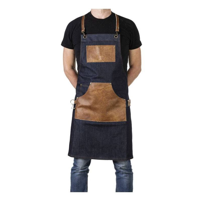 Grembiule con pettorina e tasca Canapiglia in jeans e profili in pelle cm 70x80