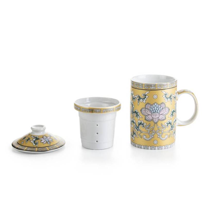 Tazza tisana Golden Flower con filtro e coperchio in porcellana cl 30