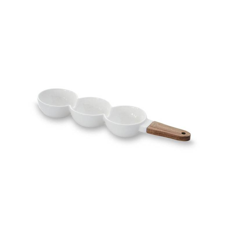 White porcelain 3-compartment appetizer dish with wooden handle cm 38.5x10x4.8