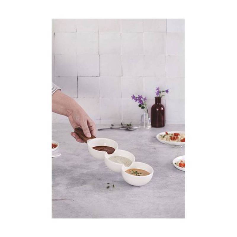 Amuse-gueule en porcelaine blanche à 3 compartiments avec poignée en bois cm 38,5x10x4,8