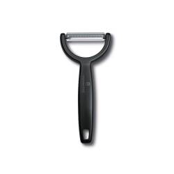 Victorinox Ypso stainless steel potato peeler with serrated blade and black handle