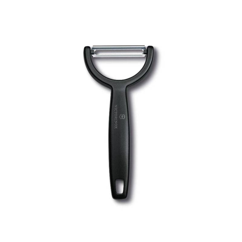 Victorinox Ypso stainless steel potato peeler with serrated blade and black handle