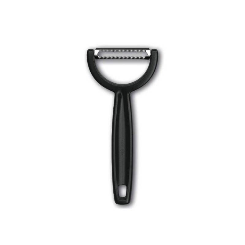 Victorinox Ypso stainless steel potato peeler with serrated blade and black handle