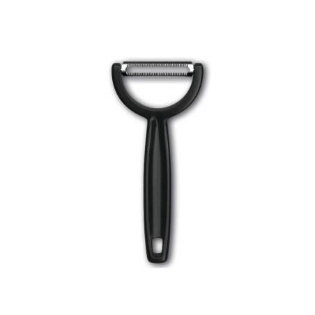 Victorinox Ypso stainless steel potato peeler with serrated blade and black handle
