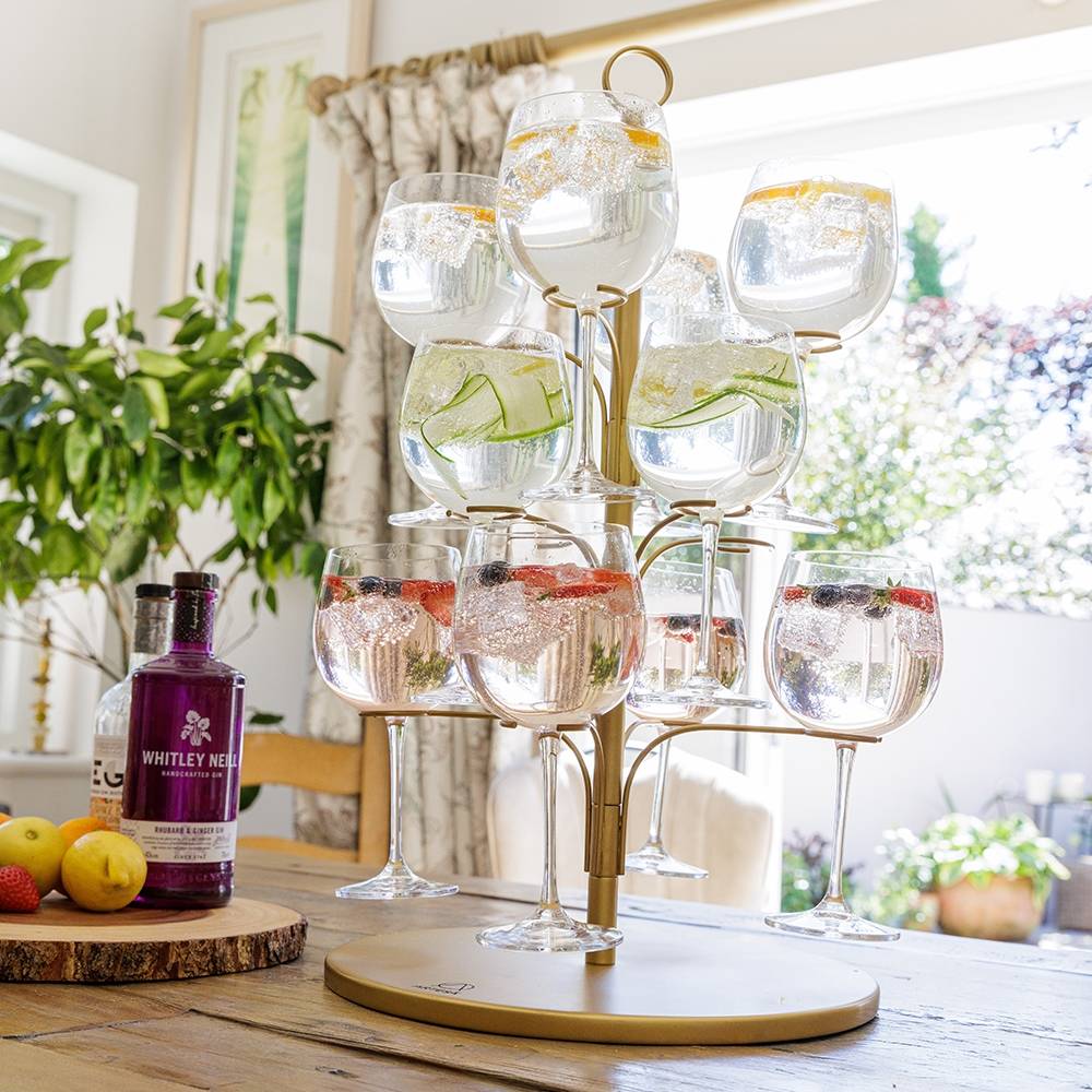 Tree stand holds 12 gold metal goblets - home carousel